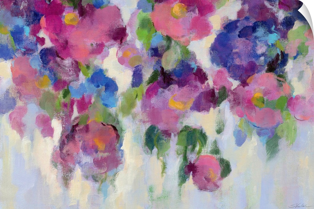 Contemporary painting of blue and pink flowers.