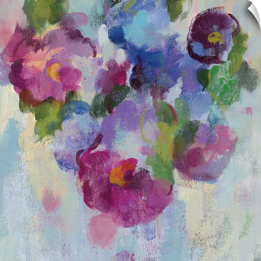 Contemporary painting of blooming flowers in purple and pink.