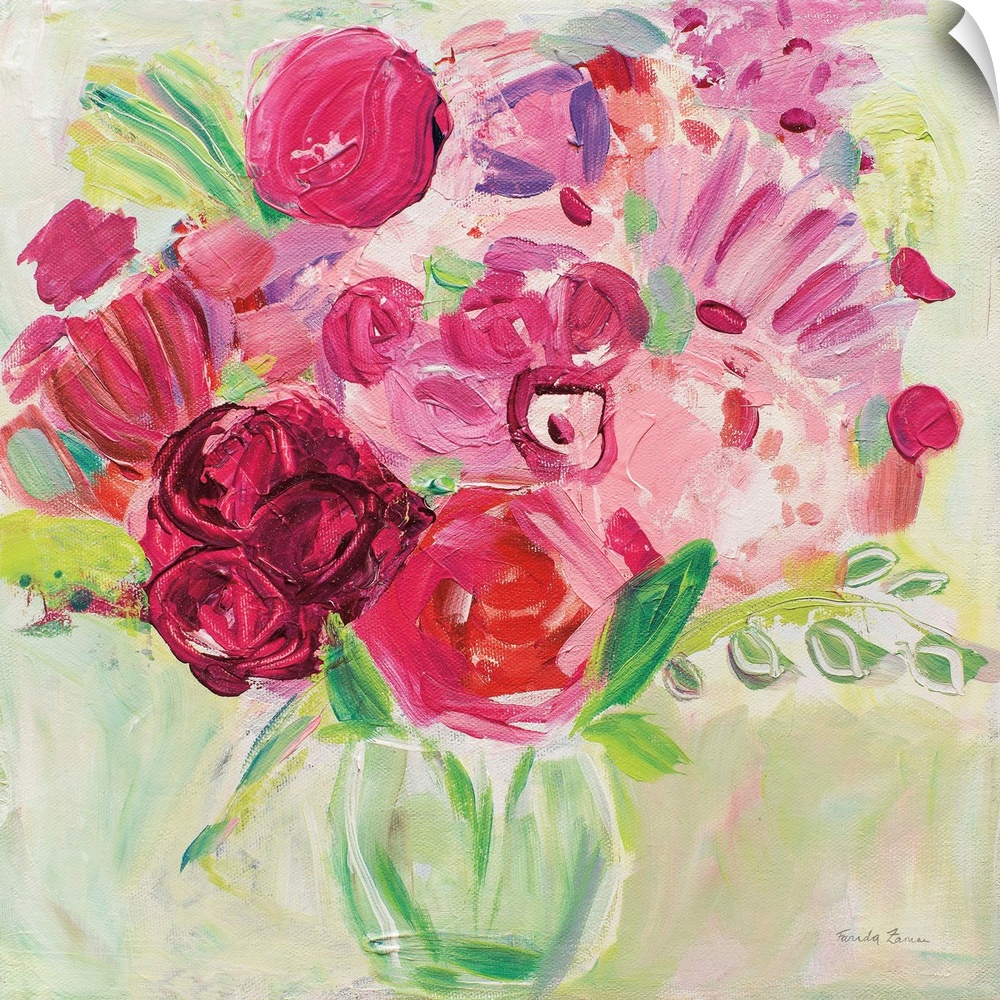 Square painting of a bouquet of abstract flowers in a vase.