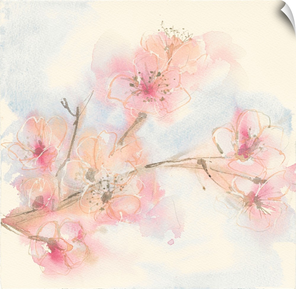 Painting of a branch with pastel pink blooms.