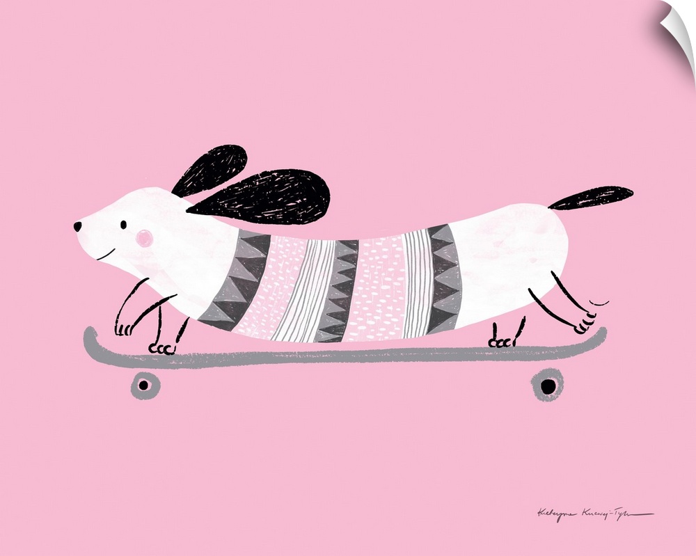 An adorable illustration of a small weiner dog with a striped torso riding a longboard on a pink background. Perfect for a...