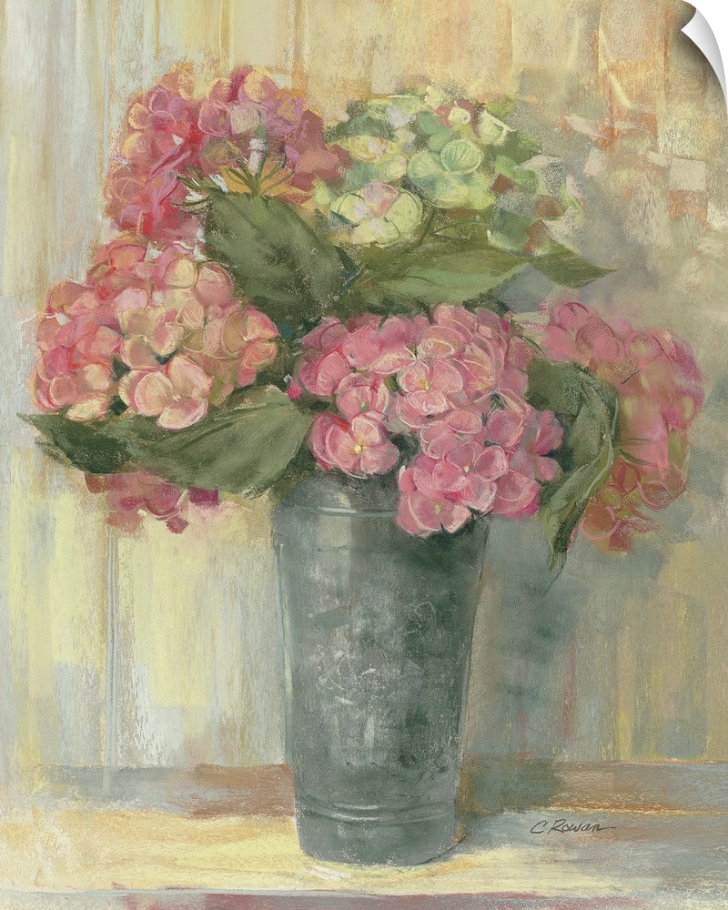Painting of tall tin vase filled with pastel colored flowers.