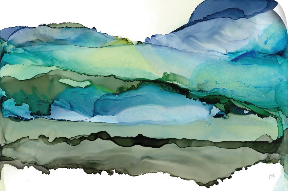 A contemporary abstract in alcohol inks resembling rolling blue green hills on a white background