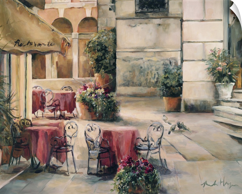 Landscape, large wall painting of a stone courtyard setting outside of a cafo, with several tables and seating, surrounded...