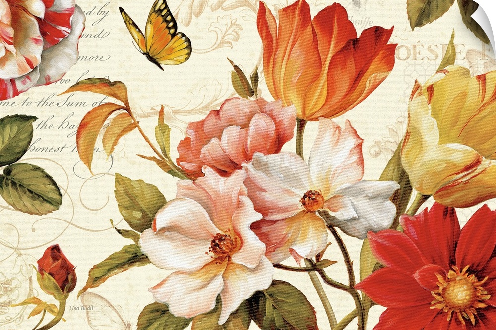 Big canvas art of realistic looking flowers painted on top of a background with various overlays and text.