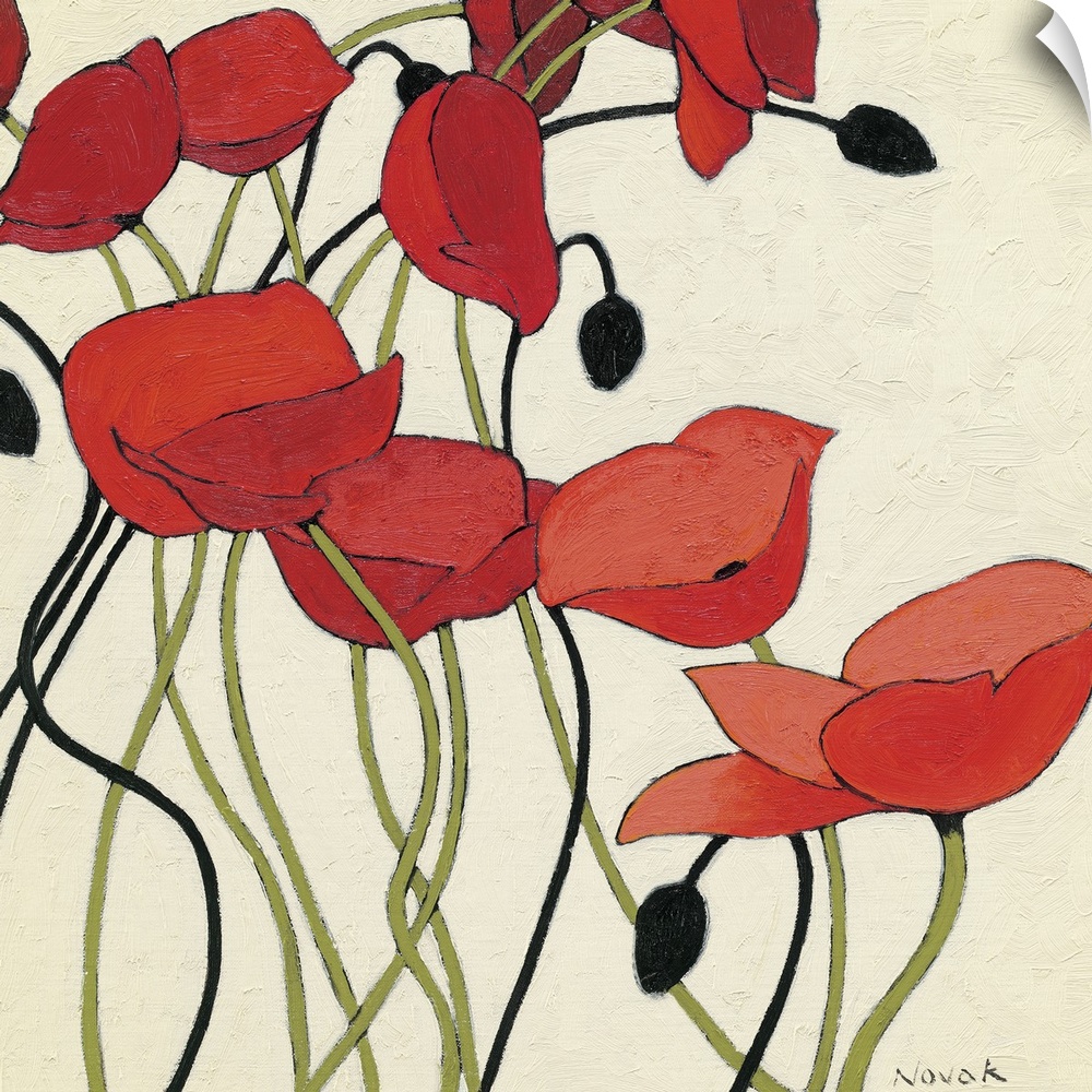 Painting of poppy flowers in bloom with buds.