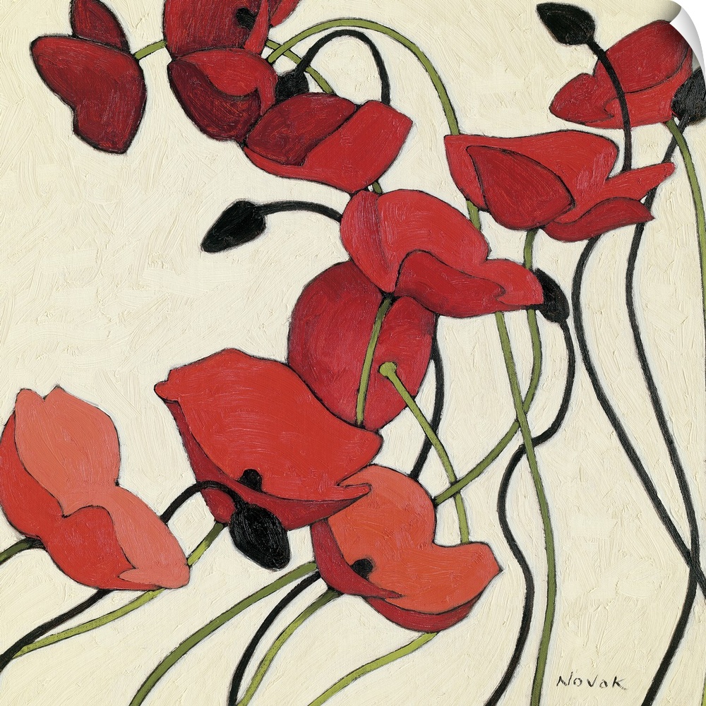 Contemporary artwork of red poppies on long thin stems that are painted on a neutral background.