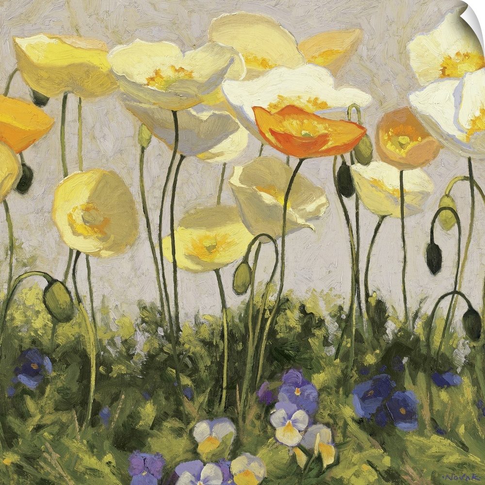 Giant, square floral painting of golden poppies extending above green grasses filled with pansies.  Painted with rough, te...