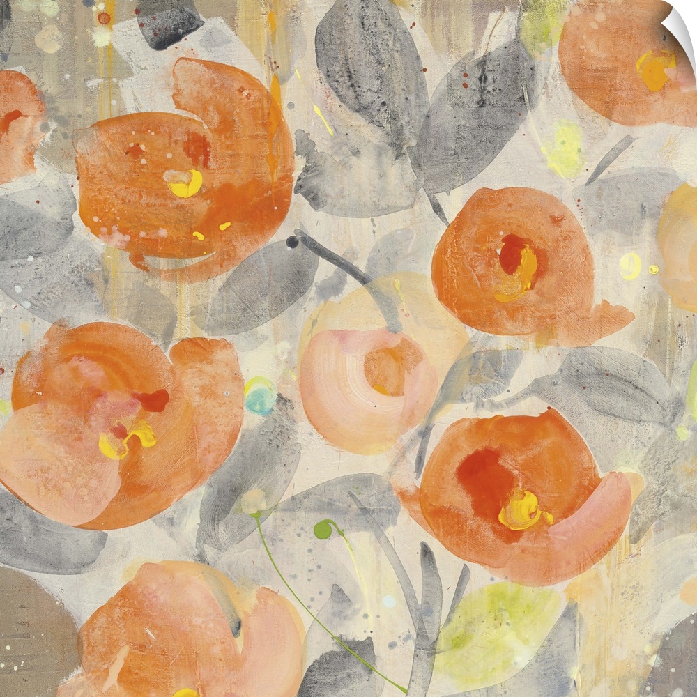 Vibrant orange poppies on gray stems against a neutral toned background.