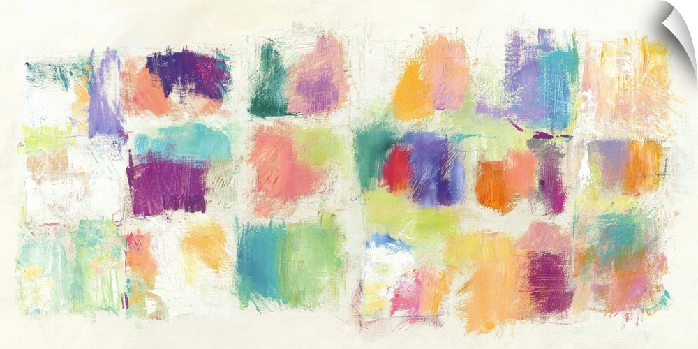 Long, rectangular abstract painting with multicolored square swatches painted on an off-white background.