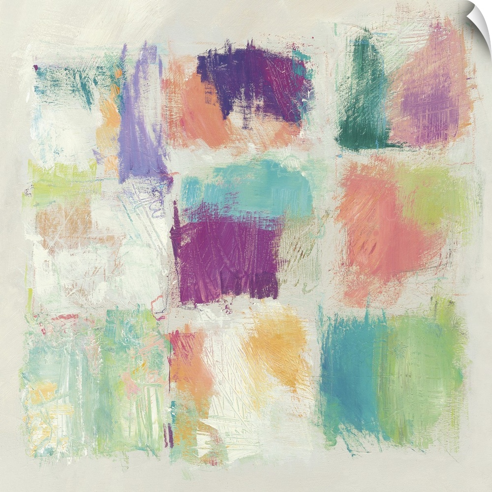Square contemporary abstract painting of multicolored square swatches on a white background.