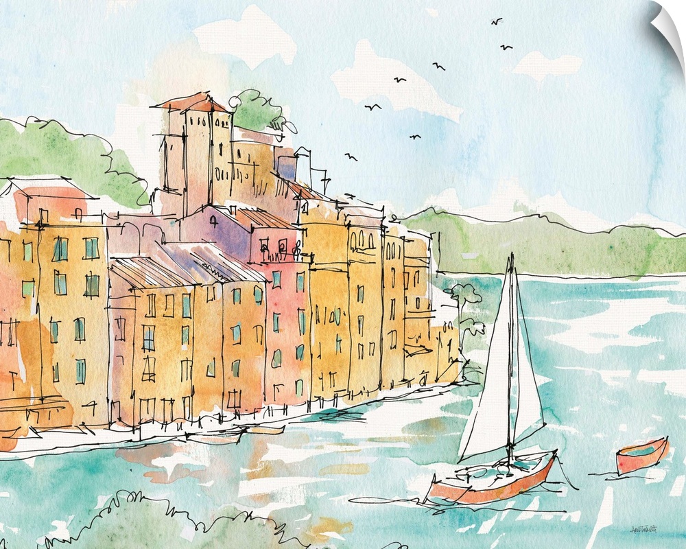 A watercolor cityscape painting of Portofino, Italy.