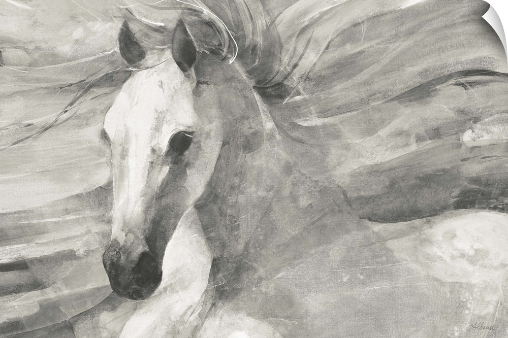 Black and white painting of a horse with flowing horizontal lines in the background creating movement.