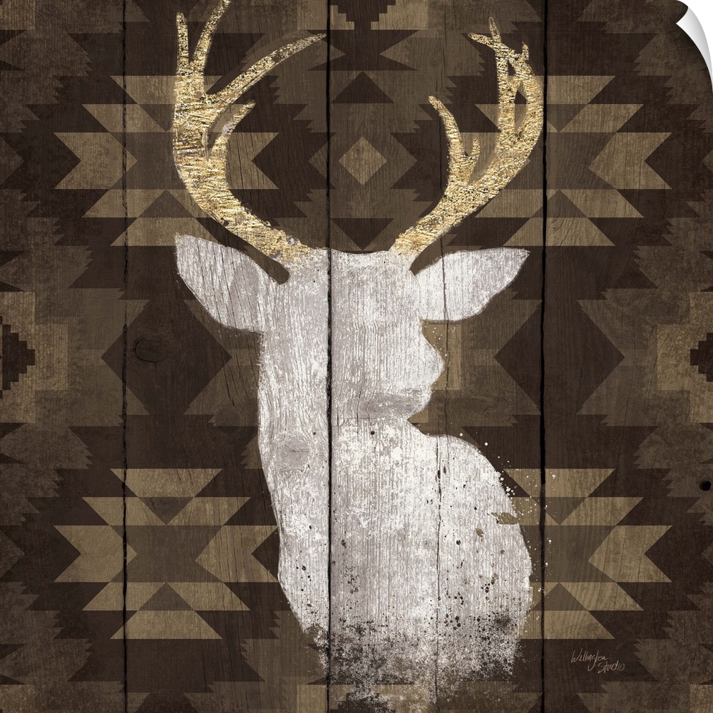 Stag head silhouette against a rustic looking native american pattern perfect for a lodge in the woods.