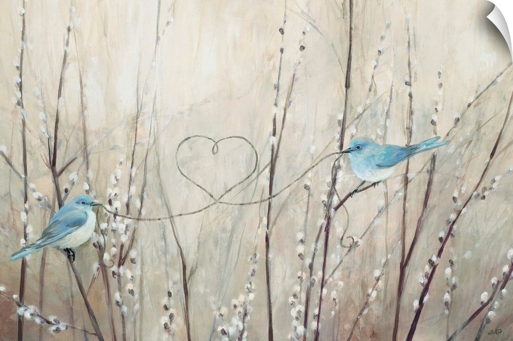 Contemporary artwork featuring two blue birds tying a heart knot over a neutral background.