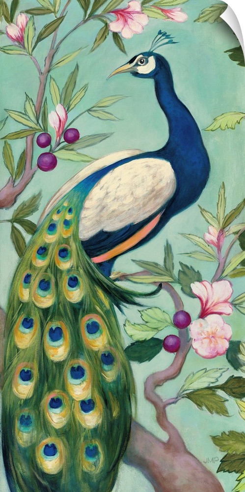 Large vertical contemporary painting of peacock perched on a tree branch with colorful berries and blooms nearby.