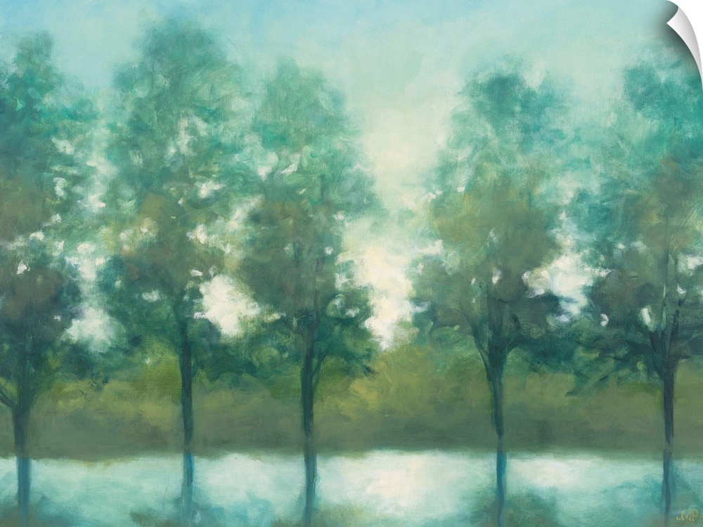 Contemporary landscape painting of a row of trees near a stream.