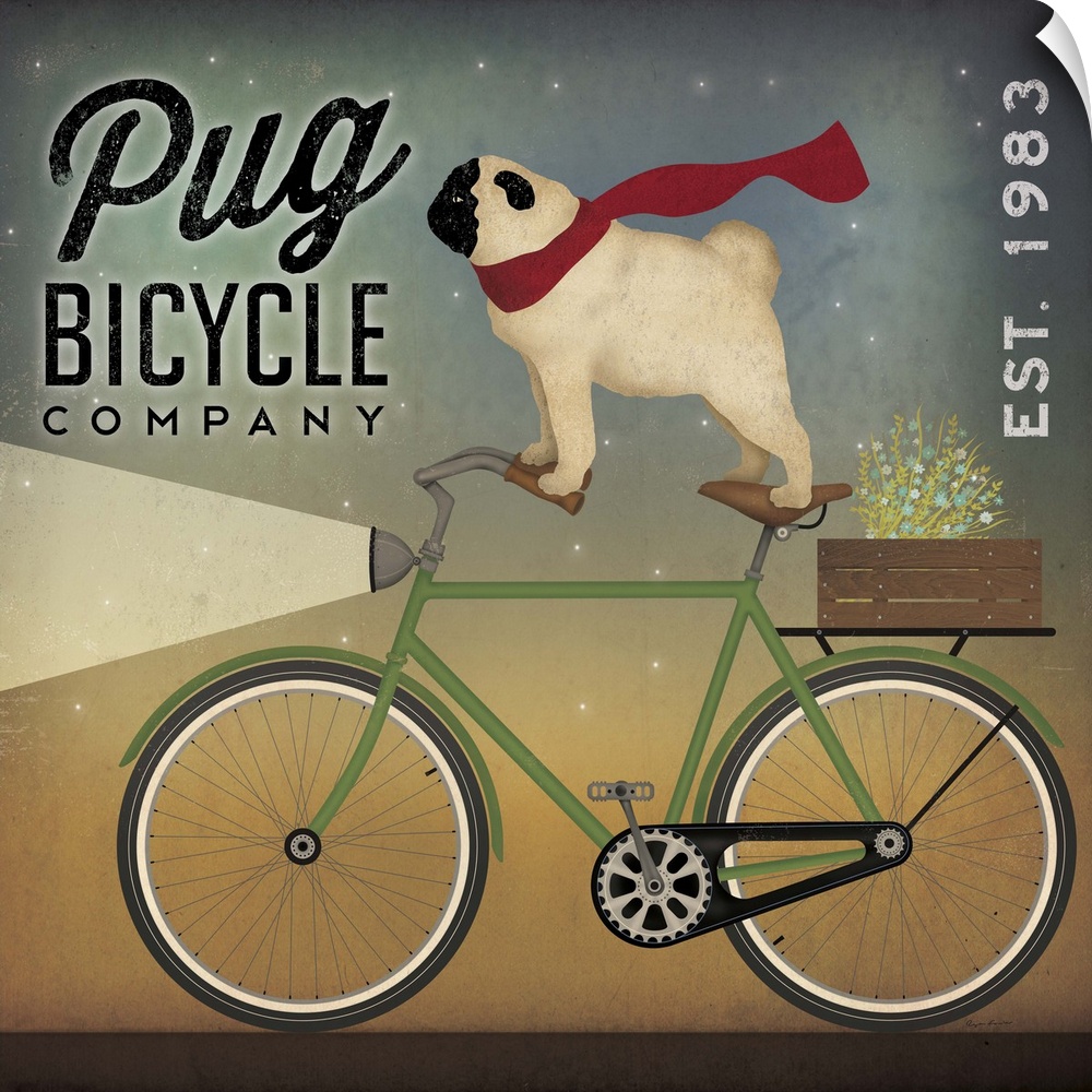 Cute artwork of a pug wearing a scarf, riding a bicycle.
