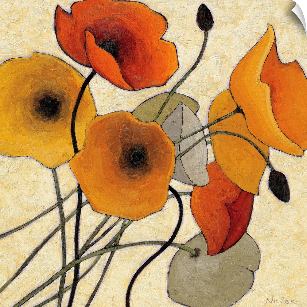 Big contemporary art showcases a close-up of nine flowers using earth tones against a bare background.