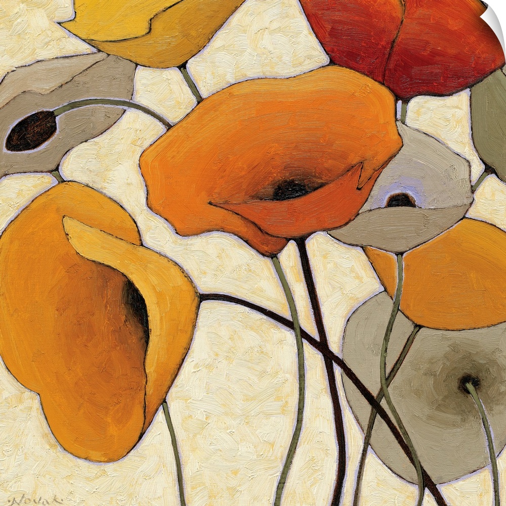 Abstract painting of warm colored flowers with long thin stems.