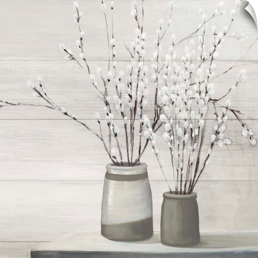 Contemporary artwork of a serene still life scene of pussy willows in gray vases.