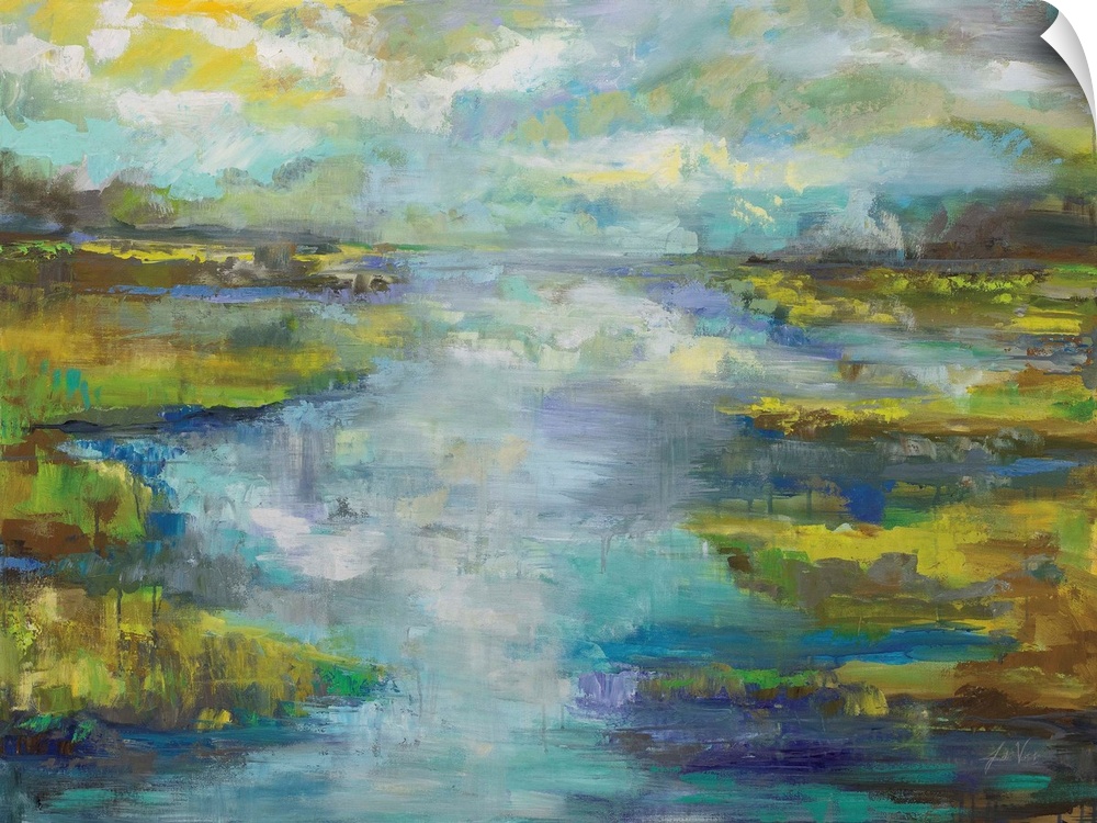 Contemporary painting of a stream running through a landscape.