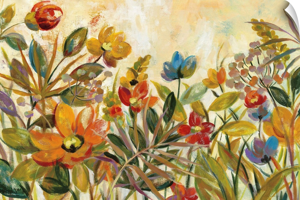 Contemporary painting of colorful, tropical flowers on a neutral colored background.