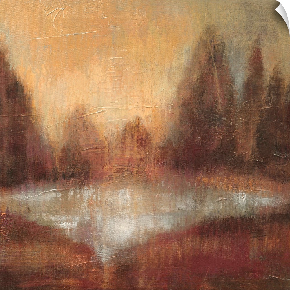 Abstract painting of earth tones almost looking like an idyllic forest scene.