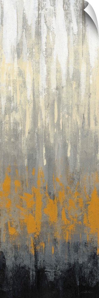 A long, narrow vertical abstract of textured gradient tones of grey, orange and black.