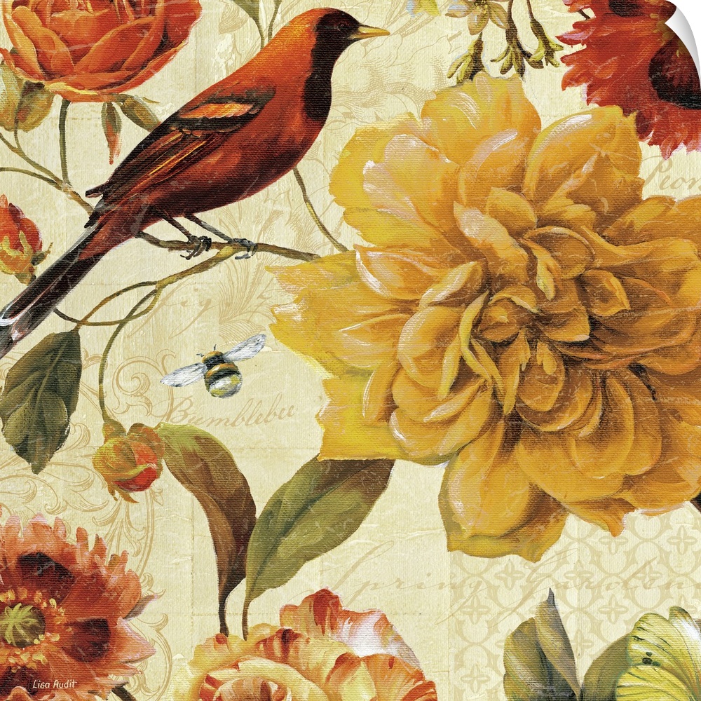 Decorative panel with a bird, a bumblebee, and blooming flowers in warm tones, with illustrated patterns in the background.