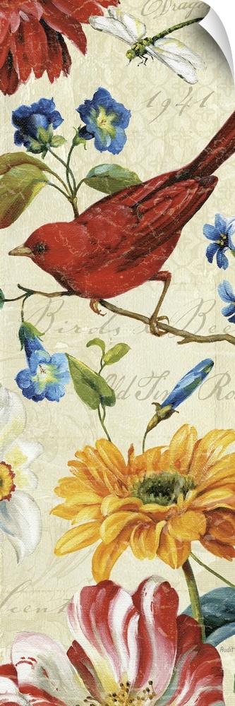 Tall panoramic painting of a bird sitting on a limb with flowers and a dragonfly surrounding him.