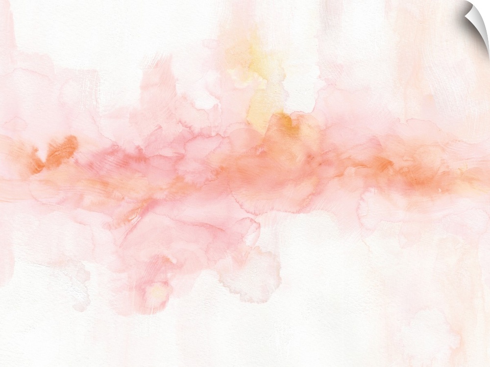 Soft abstract painting in pink, yellow, and orange hues.