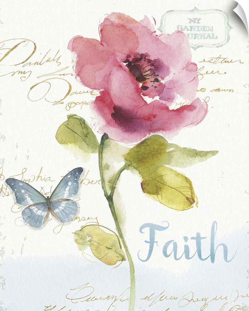 Watercolor painting of a pink flower and a blue butterfly with the word "Faith" written in blue at the bottom and gold han...