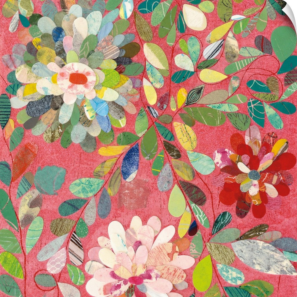 Contemporary artwork of multi-colored flowers against a pale red background.