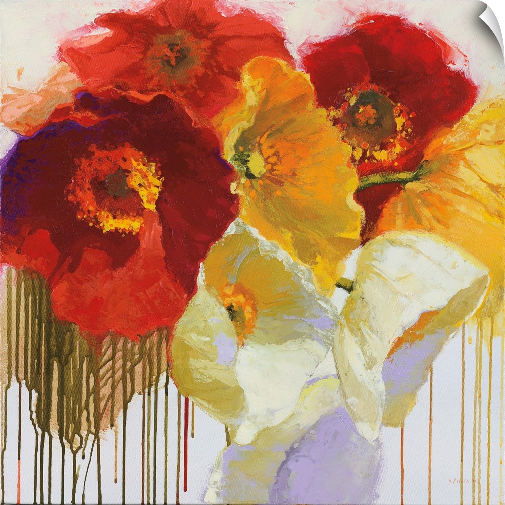 Floral decor with painted red, white, and yellow poppy flowers on a white square background with paint dripping to the bot...