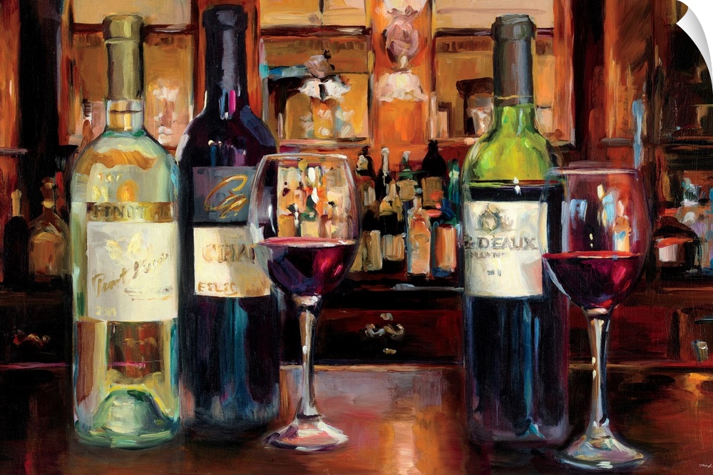 Painting of a group of wine bottles and glasses with red wine.