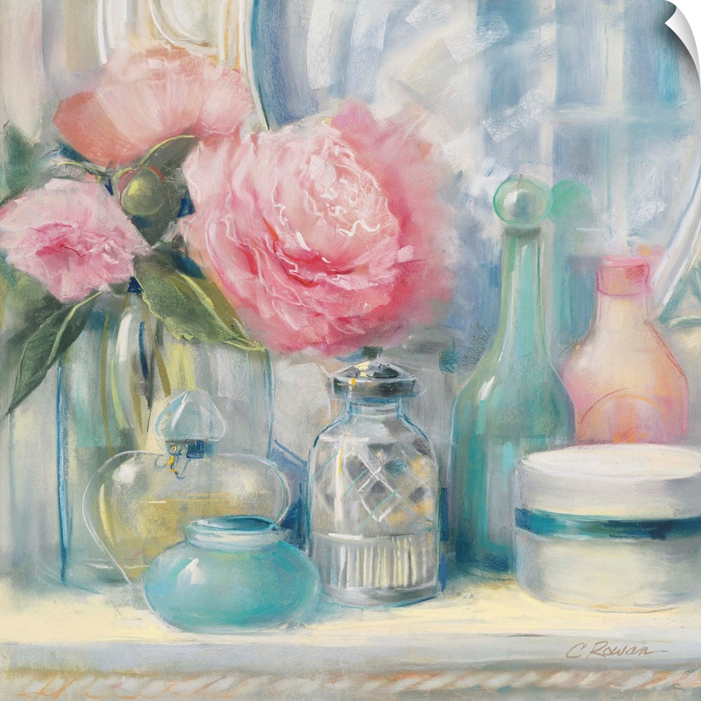 Painting of a bouquet in a jar and several containers of cosmetics on a vanity.