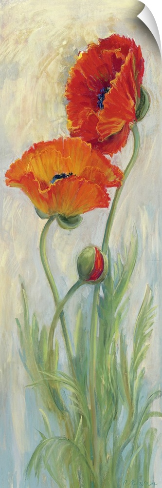 Vertical contemporary painting by Carol Rowan of long stemmed red poppies on a soft background.