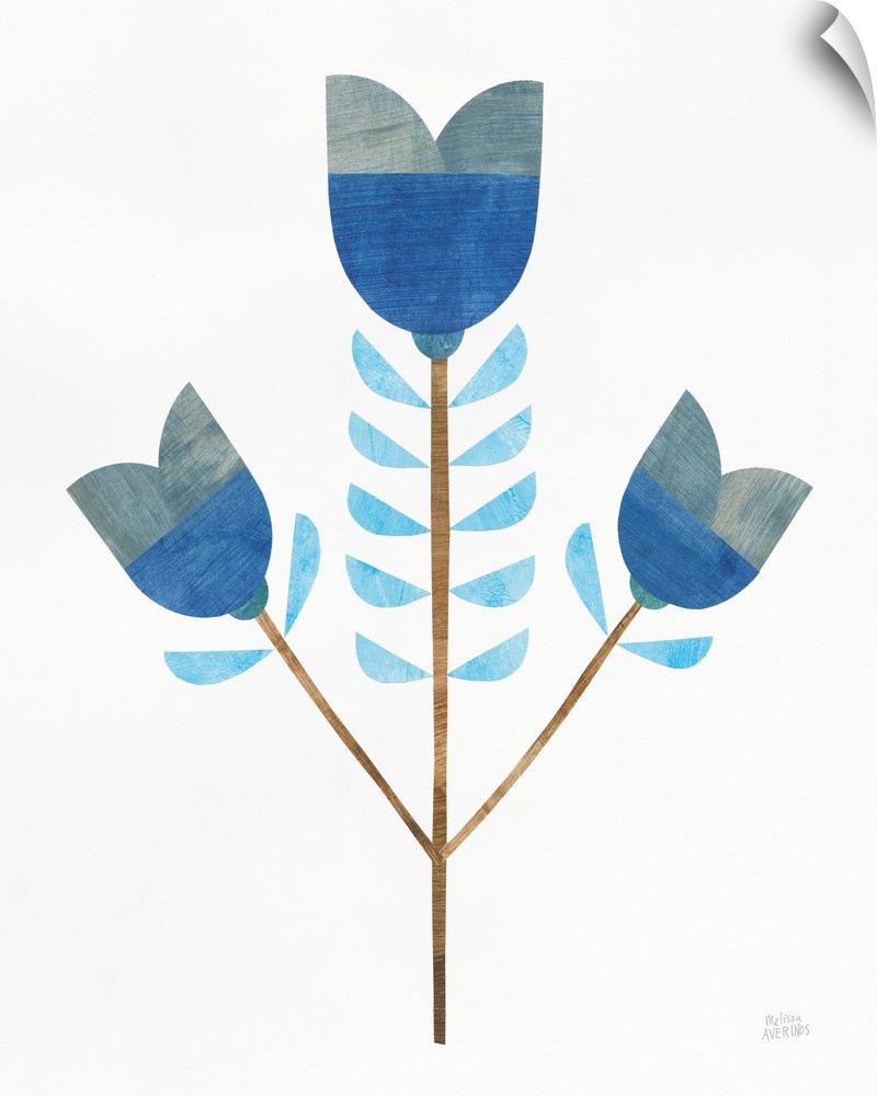 Contemporary artwork of blue flowers created with individual cut out pieces of painted paper and put on a white background.
