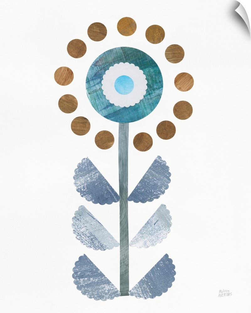 Contemporary artwork of a flower created with individual cut out pieces of painted paper and put on a white background.