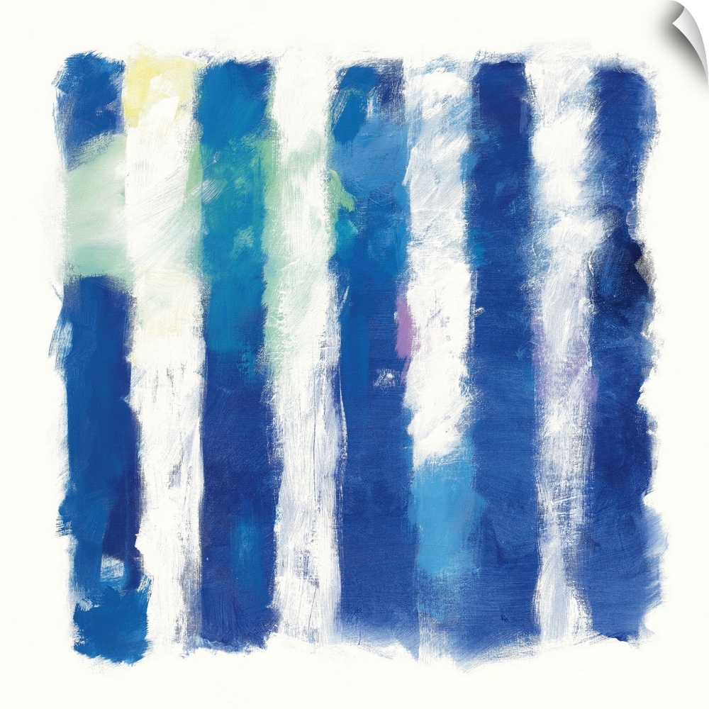 Abstract art of deep blue vertical stripes on white.