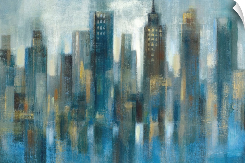 Large abstract painting of a cool toned city skyline with tall buildings at night.