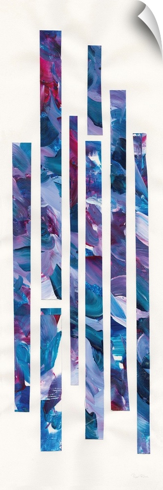 Large geometric abstract painting with long, rectangular, vertical lines made with cool shades of blue, purple, and red on...