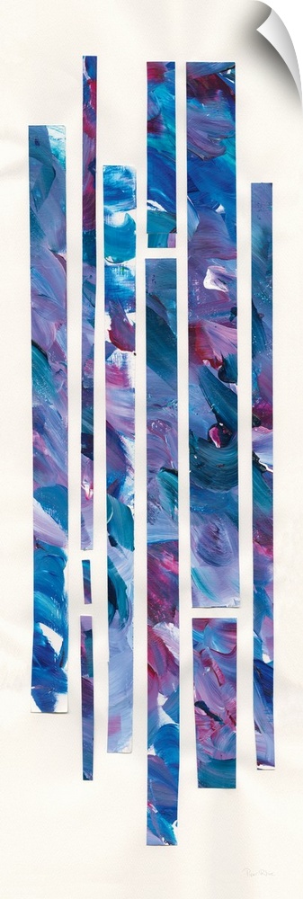 Large geometric abstract painting with long, rectangular, vertical lines in cool shades of blue, purple, and red on a whit...