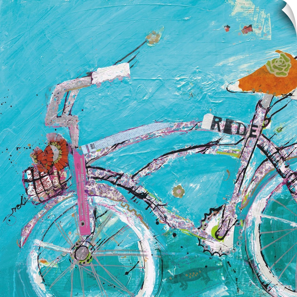 Energetic brush strokes, heavy textures and cut paper create a decorative artwork of bicycle.