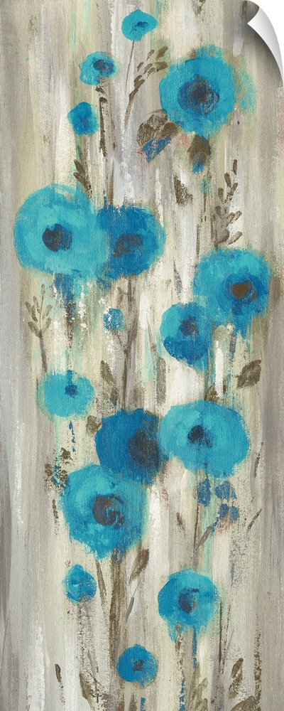 Contemporary artwork of abstract blue flowers over cascading gray color.