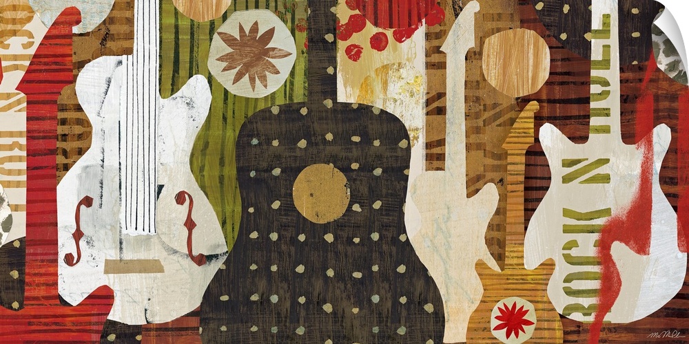 Abstract painting of various silhouettes of guitars with different stencils and patterns painted on and behind them.