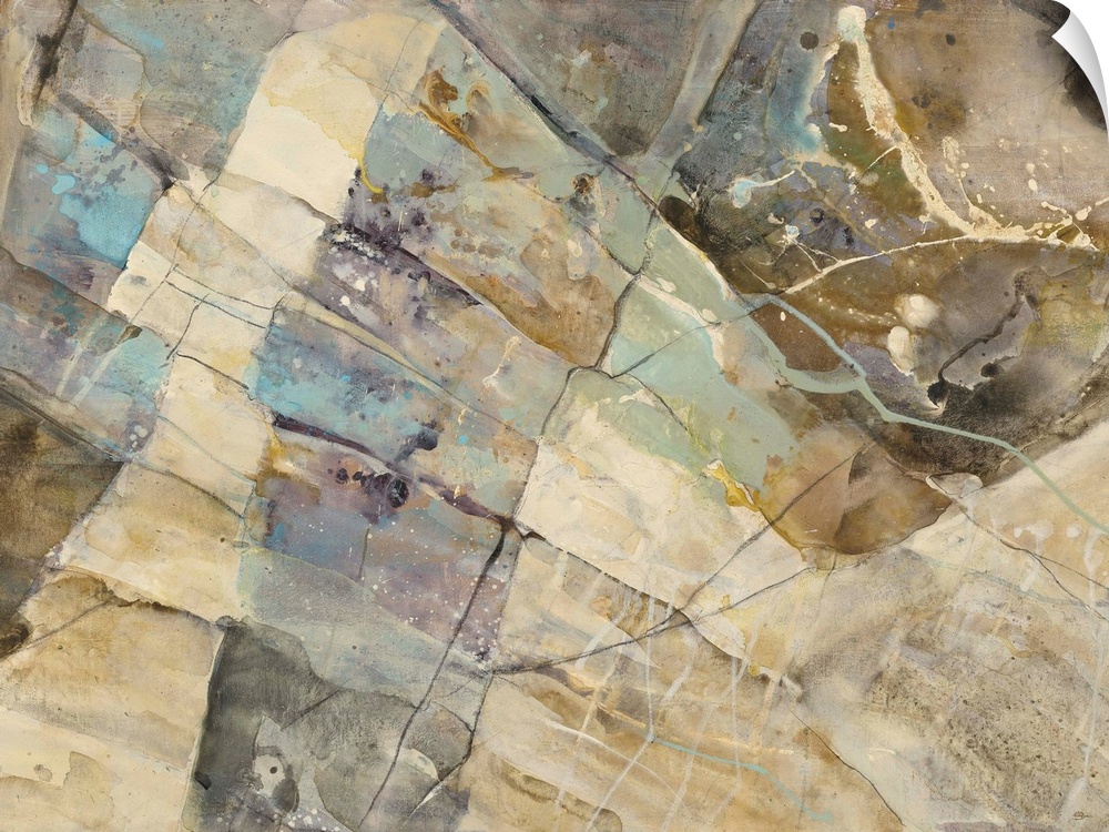 Large abstract painting with brown, gray, cream, and blue hues resembling a rocky canyon with small hints of paint splatter.
