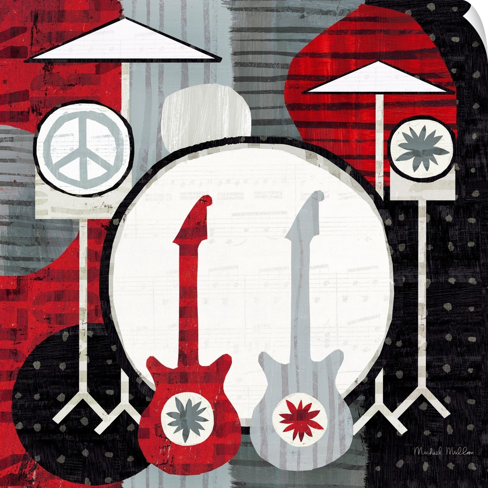 Painting of a drum set and two guitars on a patterned background.