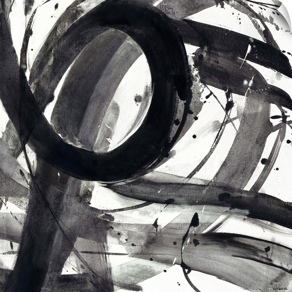 Contemporary abstract painting of black semi-transparent strokes against a white background.